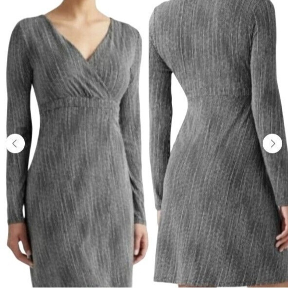 Athleta Faux Wrap Dress Womens XS‎ Black Surplice Athletic Polka Dot Long Sleeve